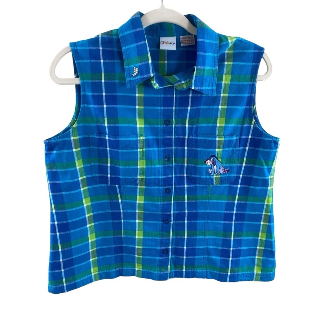 Vintage Disney Eeyore Blue and Green Plaid Sleeveless‎ Button Front Shirt Top M